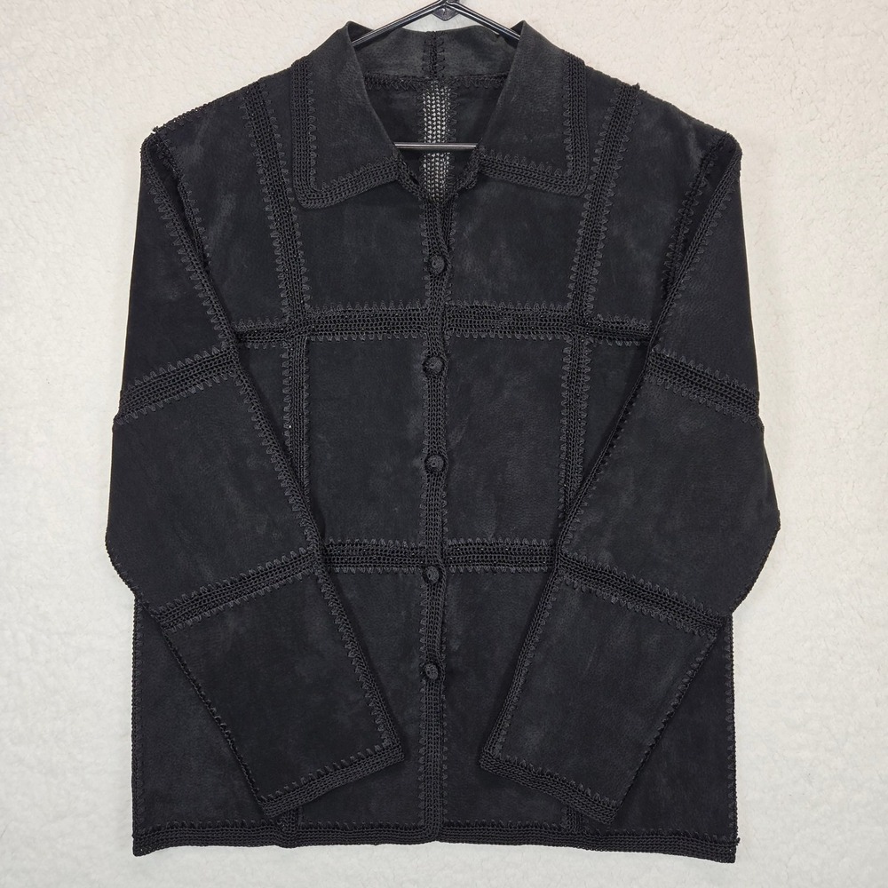 Women Black Suede Crochet Trim Button Front Jacket Boho Western Medium